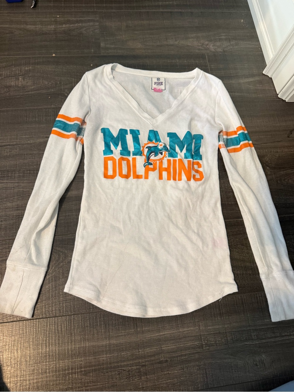 Pink Victoria's Secret PINK Miami Dolphins White Long-Sleeve V-Neck Tee